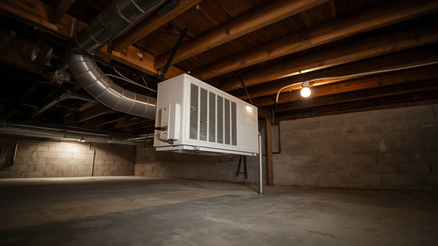 Dehumidifier suspended from crawl space floor joists with ducting and condensate line