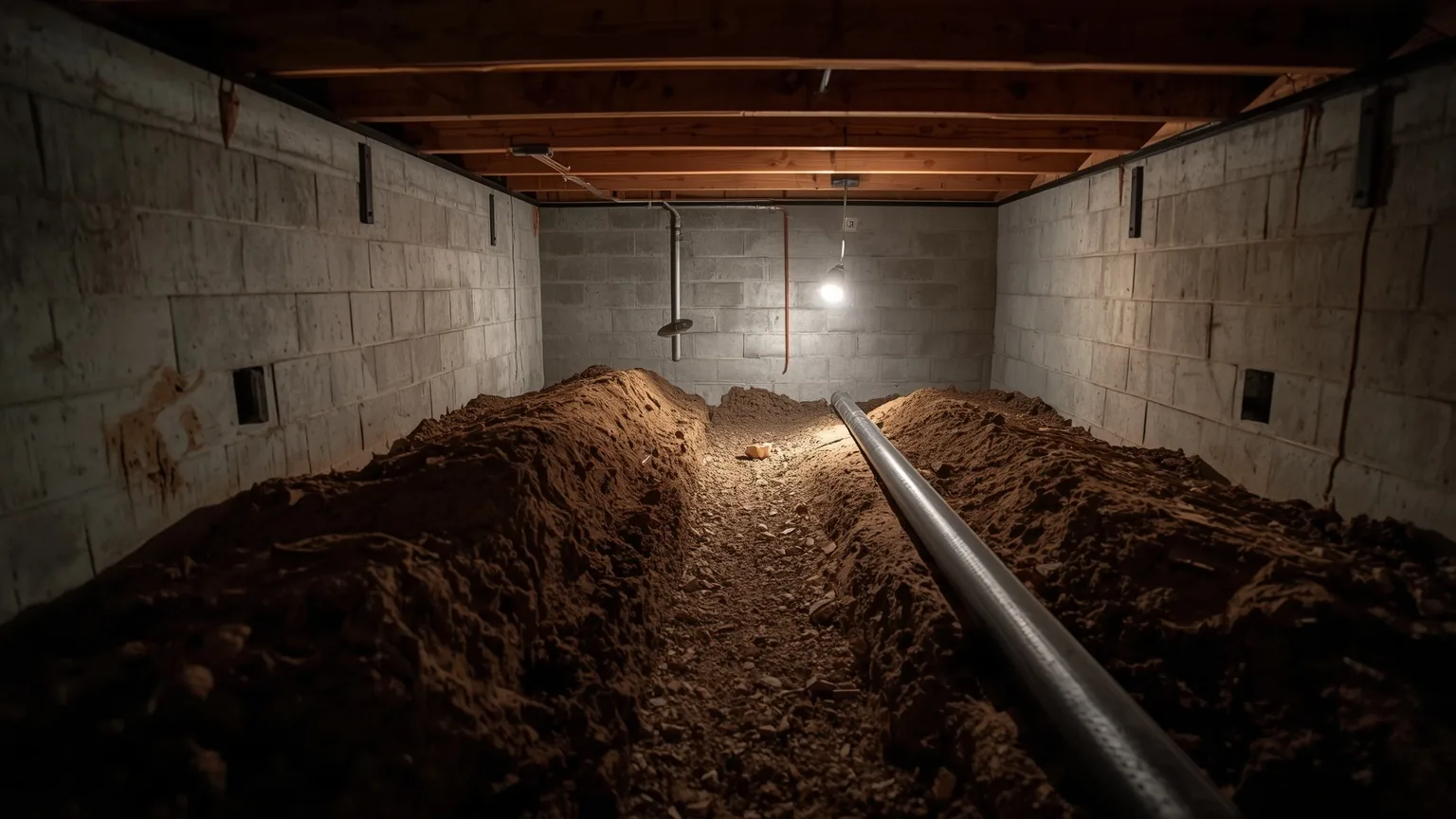 Open drainage trench along a crawl space foundation wall with perforated pipe alongside