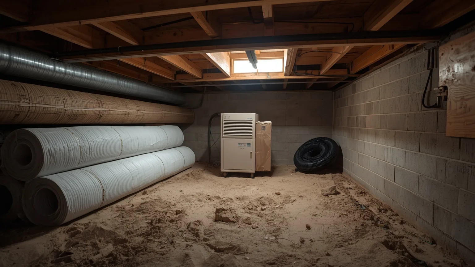 Rolls of liner material and a boxed dehumidifier staged on a crawl space floor