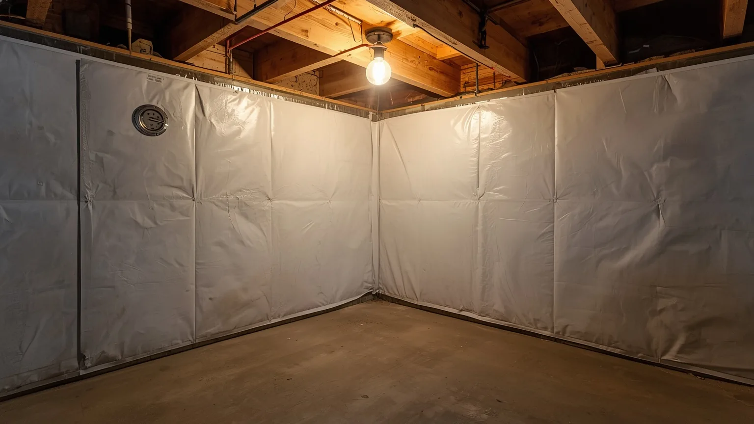 Sealed liner carried up both walls and folded into the inside corner of a crawl space
