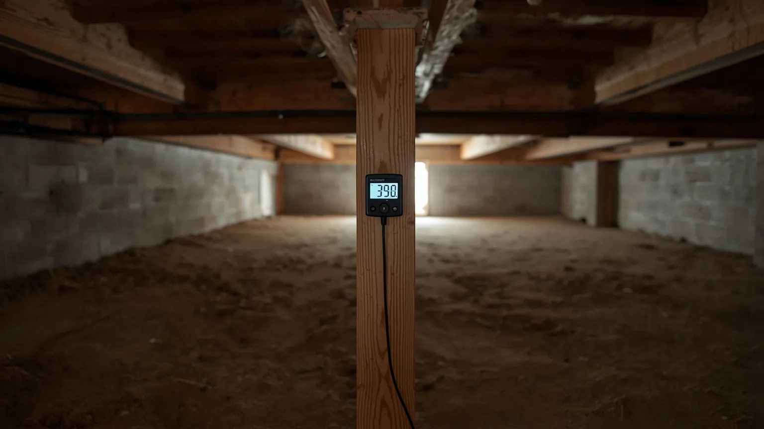Digital hygrometer mounted on a crawl space support post showing a humidity reading