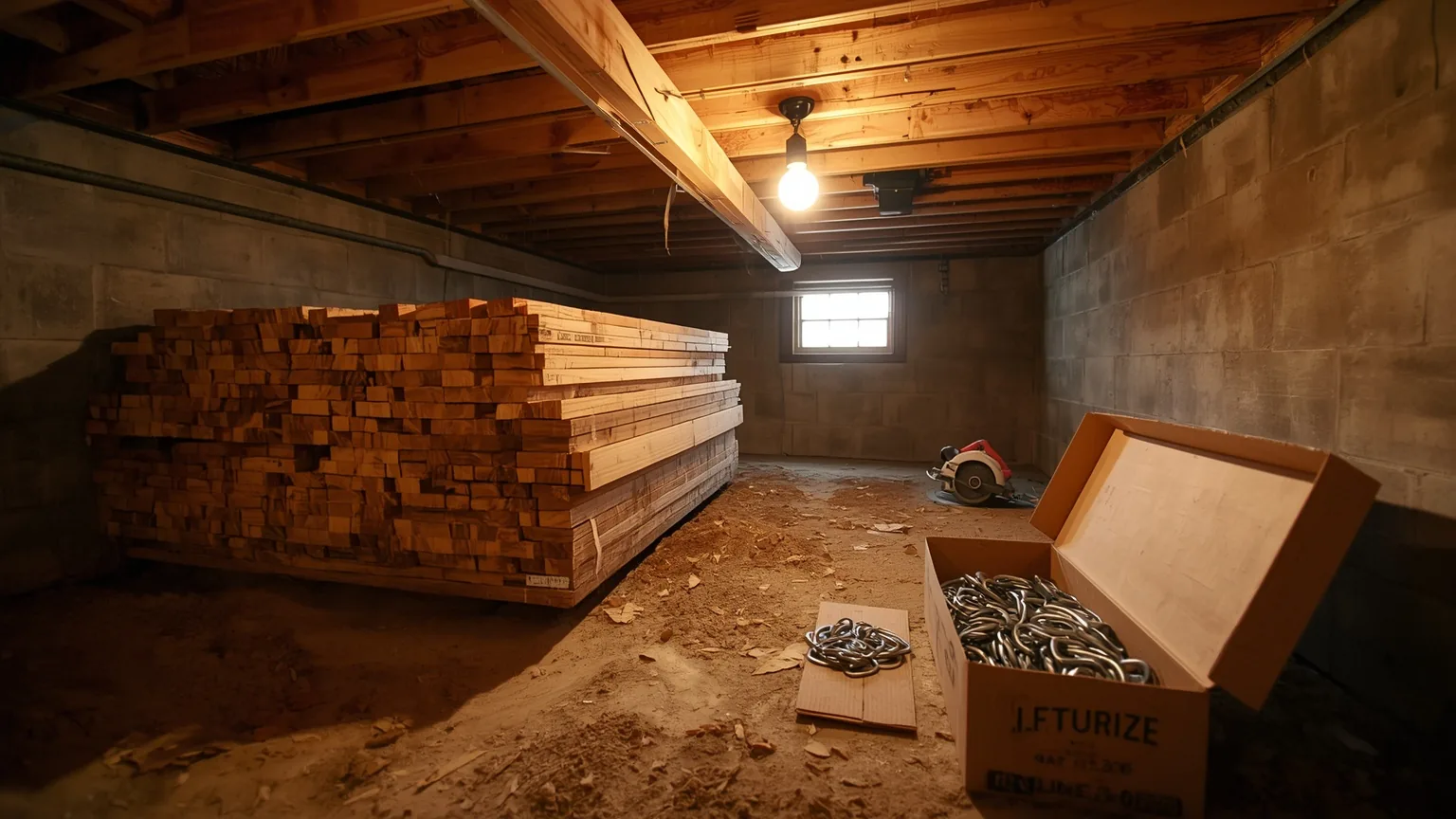 Cut framing lumber, a circular saw and joist hangers staged in a crawl space