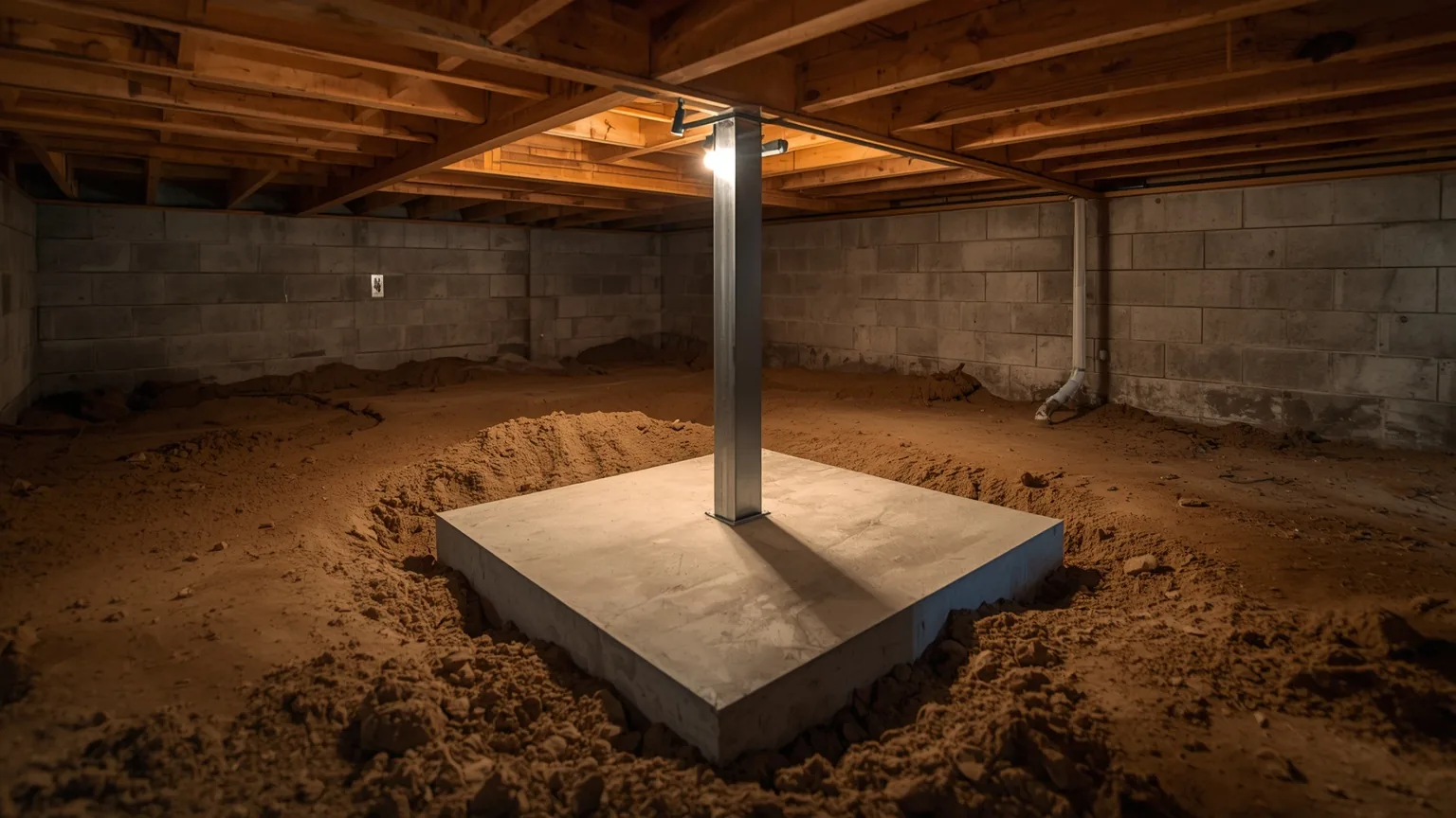 New concrete footing pad with an adjustable steel post supporting a crawl space girder
