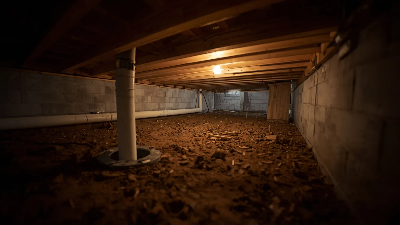 Sump basin with a rigid discharge pipe rising and running along the crawl space joists