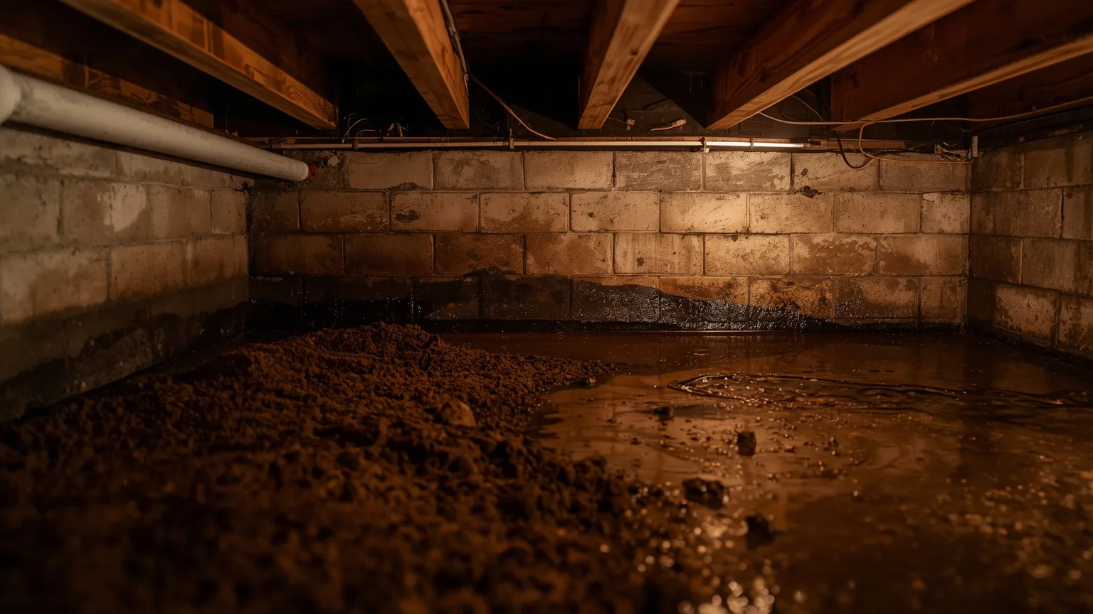Wet seam where a crawl space block wall meets the earth floor, water tracking across the ground