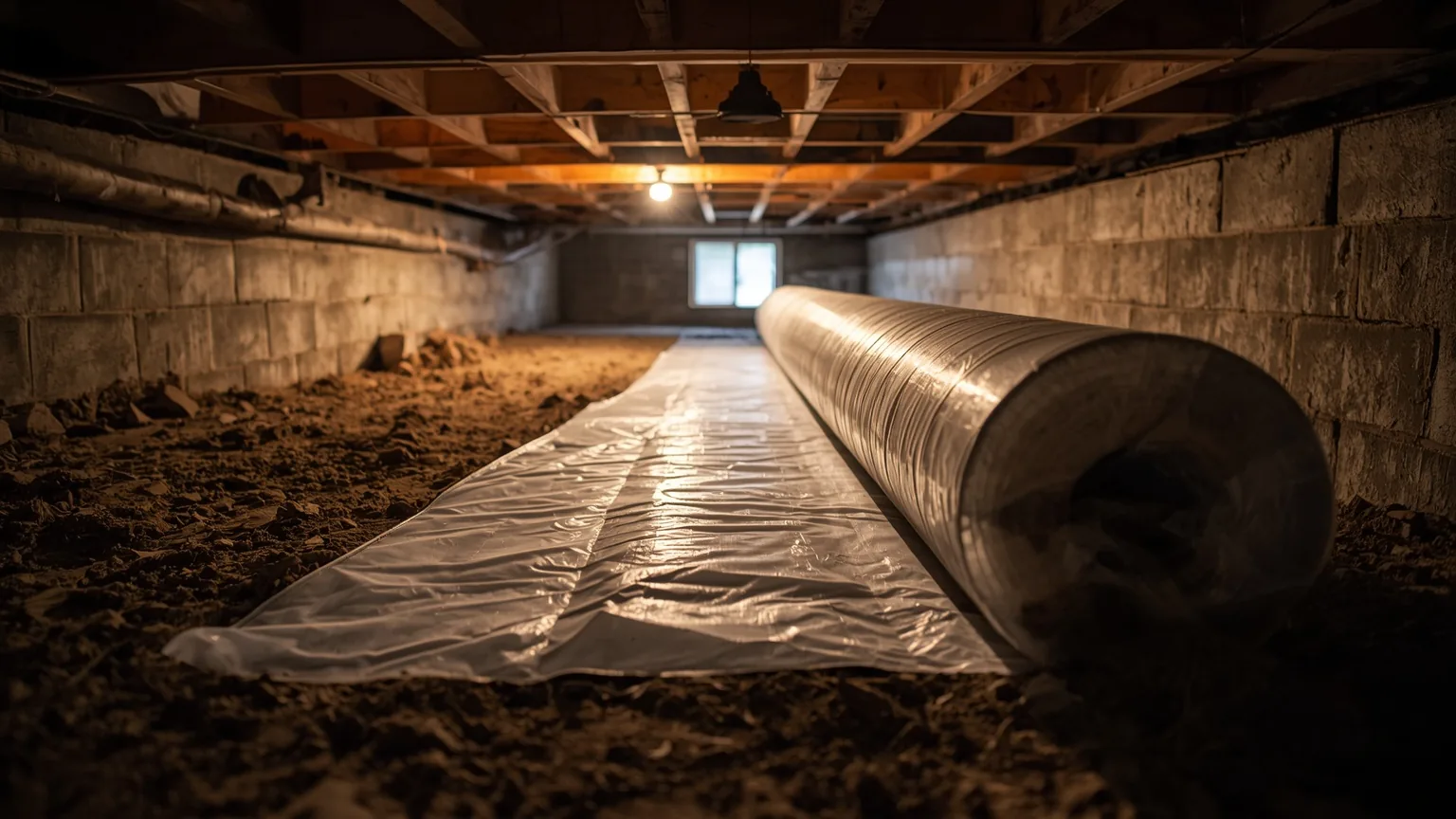Roll of polyethylene sheeting part-unrolled across the bare earth of a crawl space